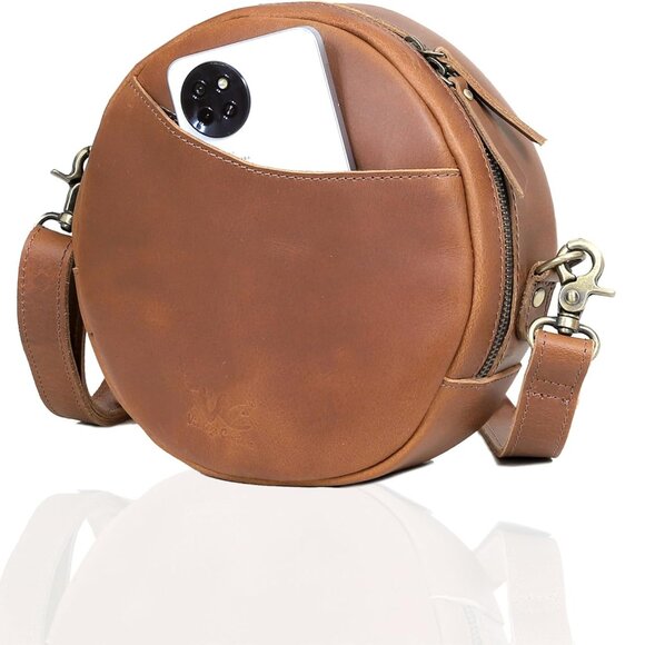 Designer Circle Crossbody Bag - Premium Leather, Adjustable Strap & Unique Charm - Picture 2 of 9
